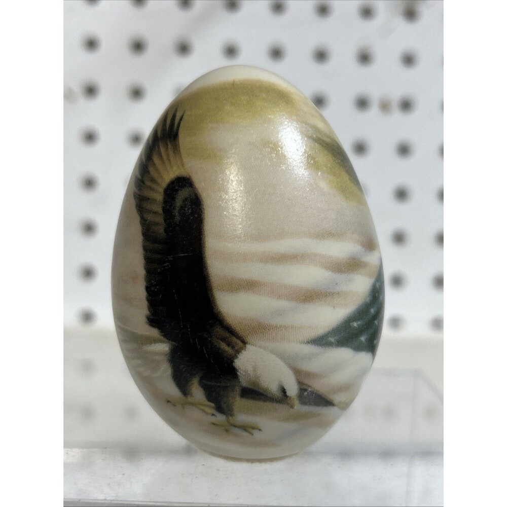Vintage EGGZAKLY Handcrafted Porcelain Egg Eagle American Flag 3”H